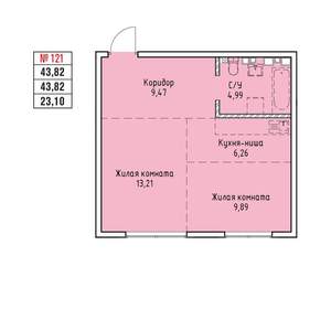 2-к квартира, вторичка, 44м2, 15/19 этаж