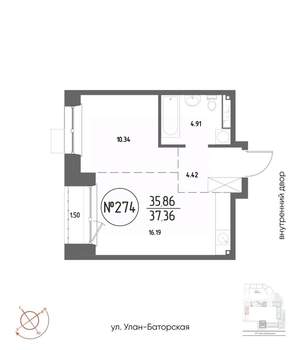 1-к квартира, строящийся дом, 37м2, 17/19 этаж