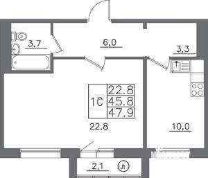 1-к квартира, вторичка, 48м2, 9/14 этаж