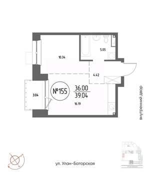 1-к квартира, строящийся дом, 39м2, 4/19 этаж