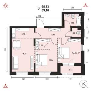3-к квартира, вторичка, 69м2, 2/14 этаж