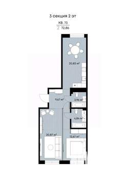 2-к квартира, вторичка, 73м2, 2/9 этаж