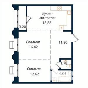 2-к квартира, строящийся дом, 69м2, 14/18 этаж