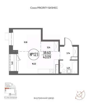 1-к квартира, вторичка, 40м2, 12/19 этаж