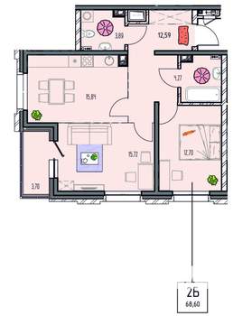 2-к квартира, вторичка, 69м2, 13/14 этаж