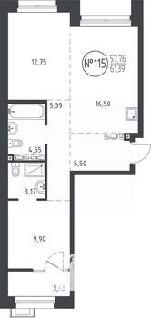 2-к квартира, вторичка, 61м2, 9/10 этаж