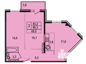 3-к квартира, строящийся дом, 70м2, 2/12 этаж