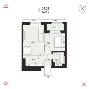 2-к квартира, вторичка, 40м2, 4/19 этаж