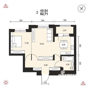 2-к квартира, вторичка, 53м2, 14/14 этаж