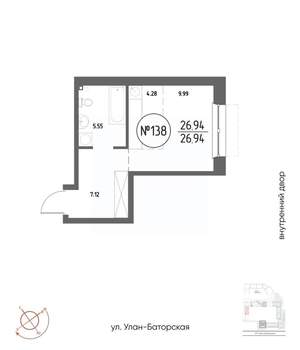 Студия квартира, вторичка, 27м2, 2/19 этаж