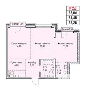 3-к квартира, строящийся дом, 63м2, 12/19 этаж