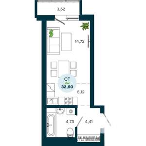 1-к квартира, строящийся дом, 33м2, 4/19 этаж