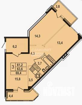 3-к квартира, вторичка, 69м2, 11/13 этаж