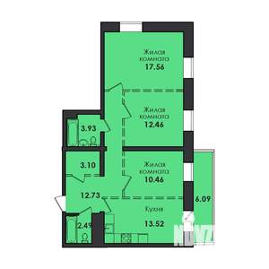 3-к квартира, строящийся дом, 82м2, 2/17 этаж