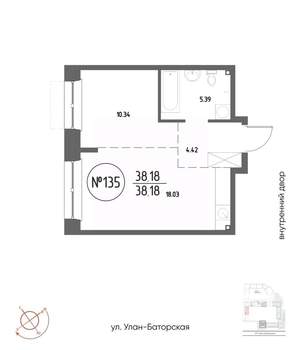 1-к квартира, строящийся дом, 38м2, 2/19 этаж