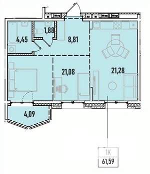1-к квартира, вторичка, 62м2, 8/19 этаж
