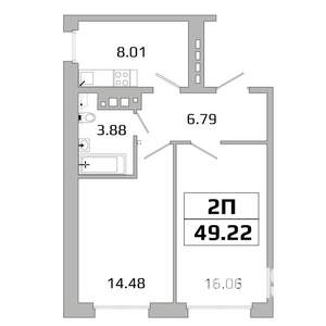 2-к квартира, вторичка, 50м2, 2/16 этаж