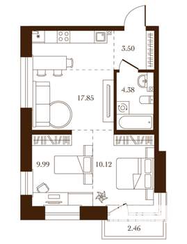 2-к квартира, строящийся дом, 48м2, 4/4 этаж