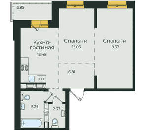 2-к квартира, вторичка, 62м2, 13/17 этаж