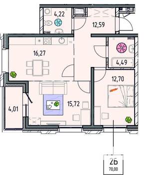 2-к квартира, вторичка, 70м2, 1/14 этаж