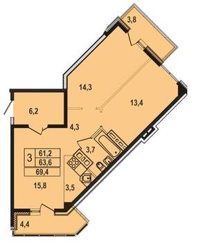 3-к квартира, строящийся дом, 69м2, 9/12 этаж