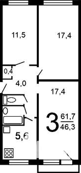 3-к квартира, вторичка, 61м2, 4/4 этаж
