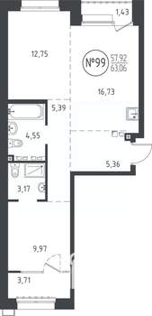 2-к квартира, вторичка, 63м2, 5/10 этаж