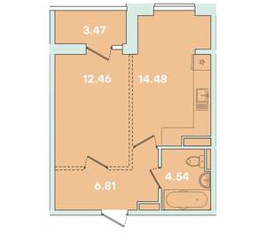 1-к квартира, вторичка, 42м2, 7/14 этаж