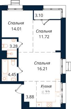 3-к квартира, строящийся дом, 65м2, 2/18 этаж