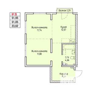 2-к квартира, строящийся дом, 52м2, 4/19 этаж