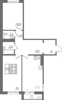 2-к квартира, вторичка, 69м2, 9/14 этаж