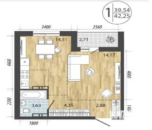 1-к квартира, строящийся дом, 42м2, 15/19 этаж