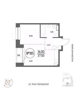 1-к квартира, вторичка, 38м2, 7/19 этаж
