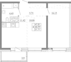 2-к квартира, строящийся дом, 52м2, 9/16 этаж