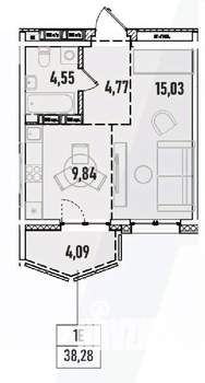 1-к квартира, вторичка, 38м2, 2/19 этаж