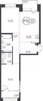 2-к квартира, вторичка, 68м2, 6/10 этаж