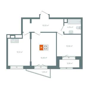 2-к квартира, вторичка, 57м2, 12/14 этаж