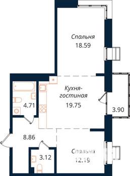 2-к квартира, вторичка, 71м2, 12/18 этаж