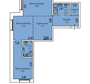 3-к квартира, вторичка, 68м2, 6/19 этаж