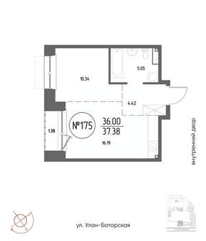 1-к квартира, строящийся дом, 37м2, 6/19 этаж
