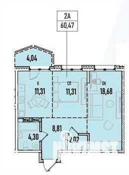 2-к квартира, вторичка, 60м2, 16/19 этаж