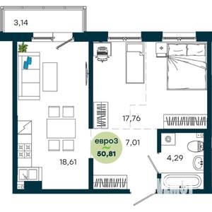 1-к квартира, строящийся дом, 51м2, 8/19 этаж