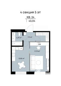 1-к квартира, вторичка, 43м2, 5/9 этаж
